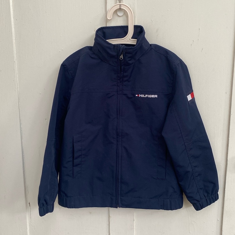 Boys Tommy Hilfiger Windbreaker Jacket Sz XS 4/5 Navy Blue Hood Mock Neck Nylon